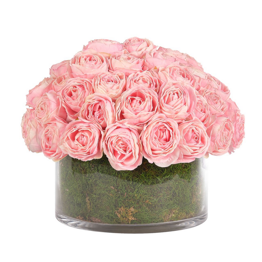 13" Faux Pink Roses With Moss in a Glass Bowl - The Well Appointed House