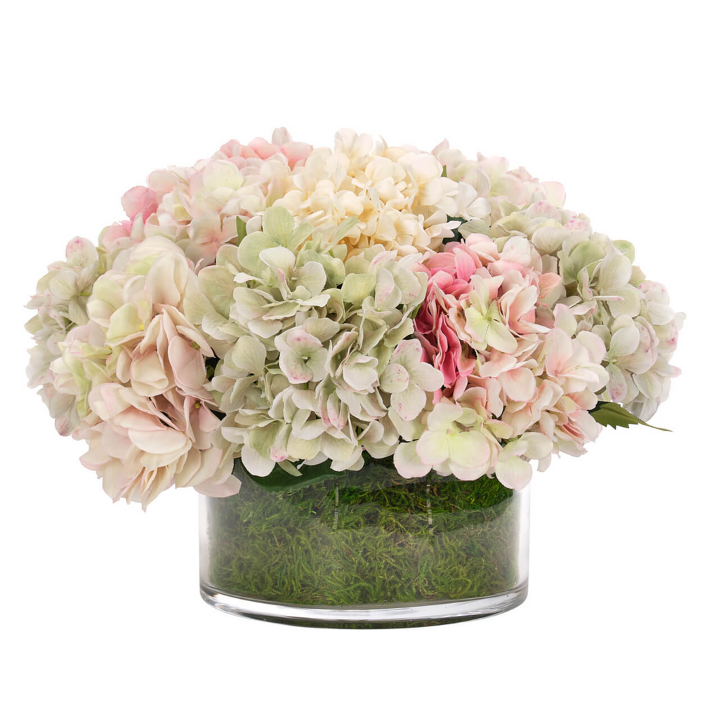 12" Faux Pink & Green Hydrangeas With Moss in a Glass Bowl - The Well Appointed House