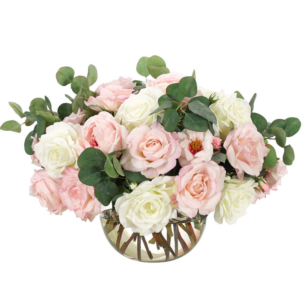 18" Faux Pink & White Roses in a Glass Bubble Vase - The Well Appointed House