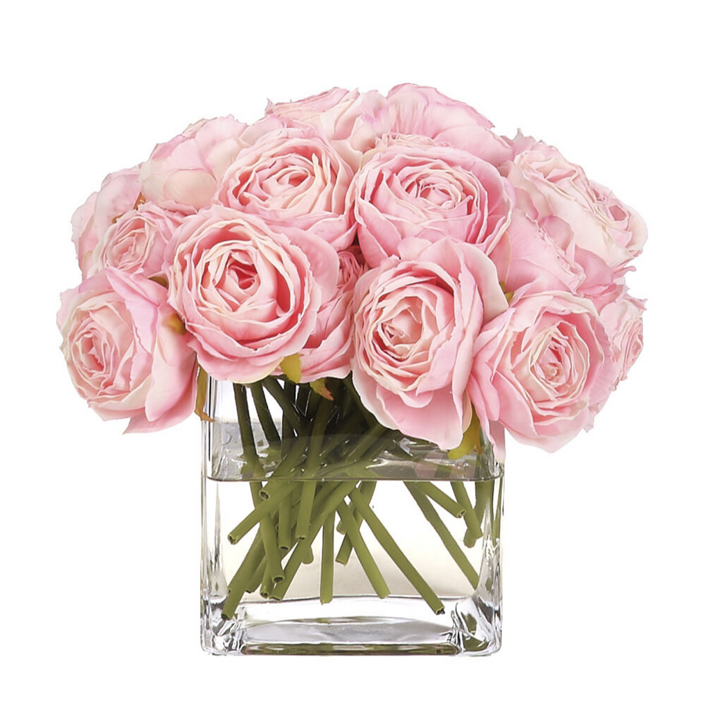 8" Faux Pink Rose Watergarden in Glass Cube - The Well Appointed House