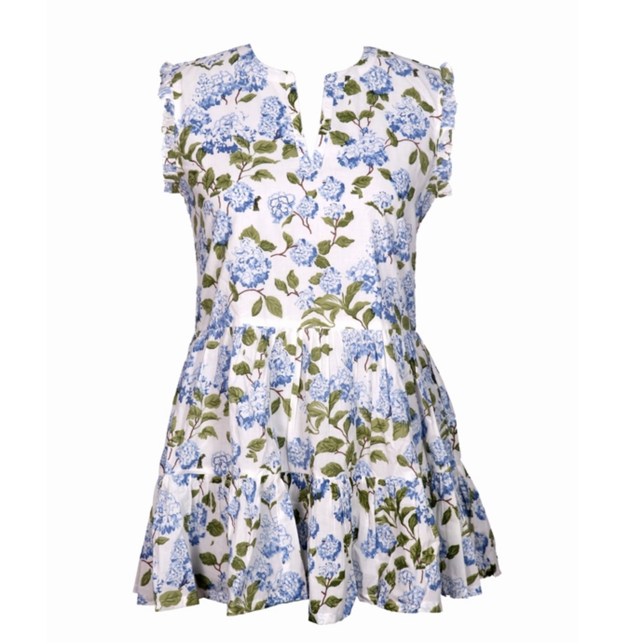 Sleeveless Blue Hydrangea Print A-Line Dress M Sleeveless Blue Hydrangea Print A-Line Dress M
