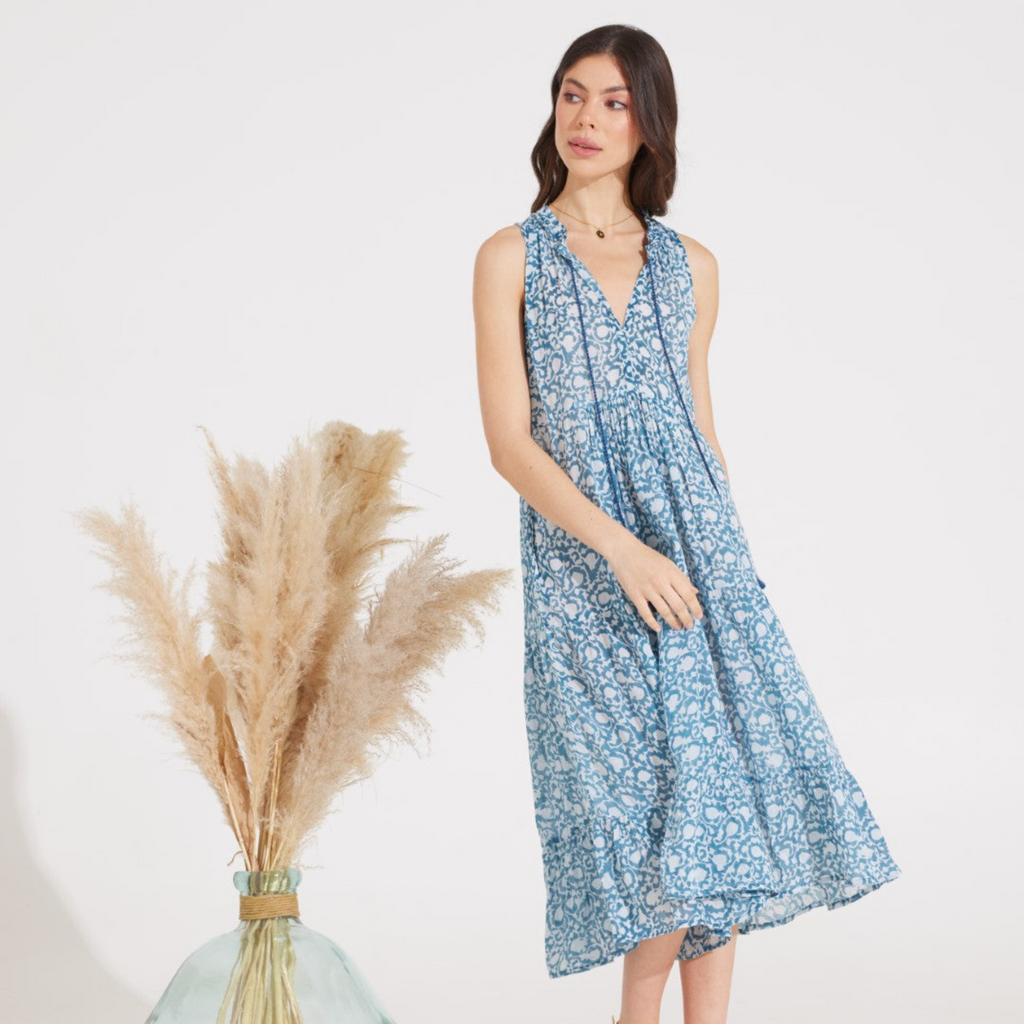 La Guerite Dress, Grapevine Caribbean Blue - The Well Appointed House