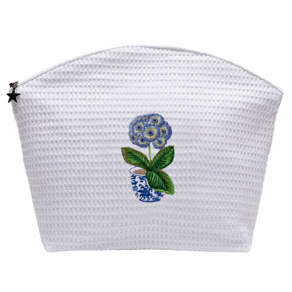 Large Cosmetic Bag With Embroidered Blue Potted Primrose - The Well Appointed House