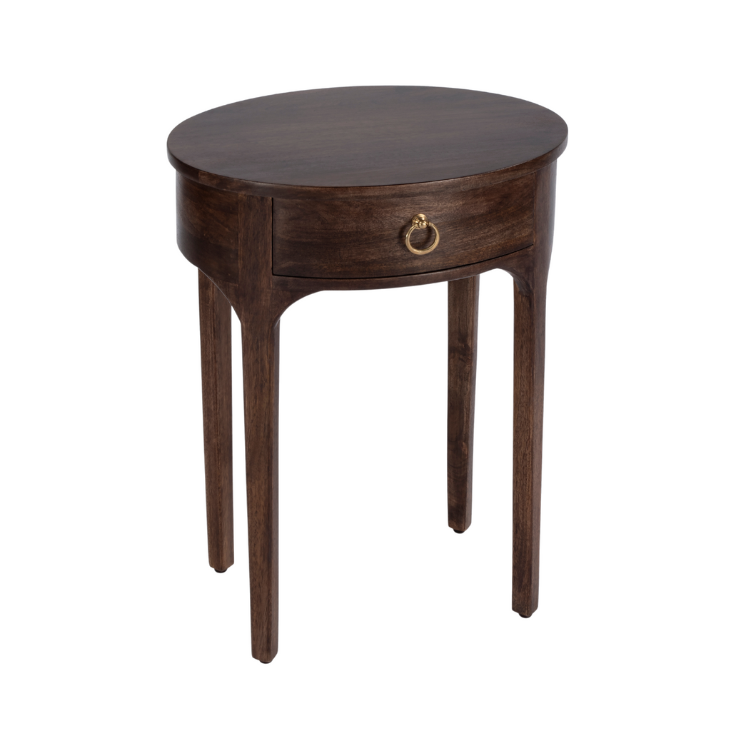 Mango Wood One Drawer Side Table with Brass Pull Ring - The Well Appointed House