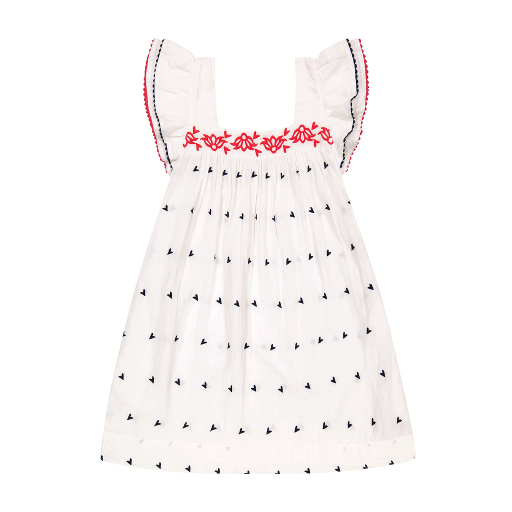 Mini Sandrine Women's Dress in White With Red and Navy Embroidery - The Well Appointed House