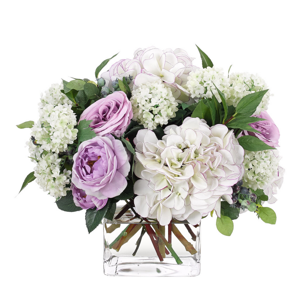 13" Faux Lavender & White Roses and Hydrangeas Watergarden in Glass Vase - The Well Appointed House