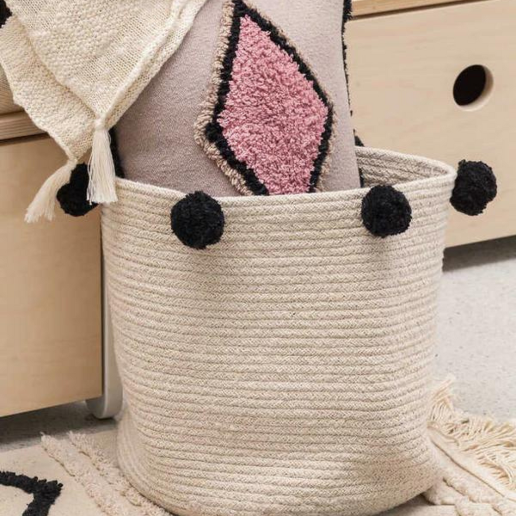 Washable Woven Cotton Natural Nude Storage Basket with Black Pom Poms - Little Loves Baskets & Hampers - The Well Appointed House