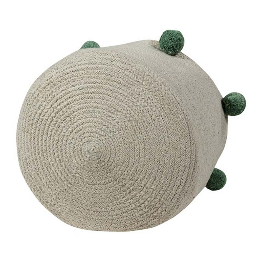 Washable Woven Cotton Natural Nude Storage Basket with Green Pom Poms - Little Loves Baskets & Hampers - The Well Appointed House