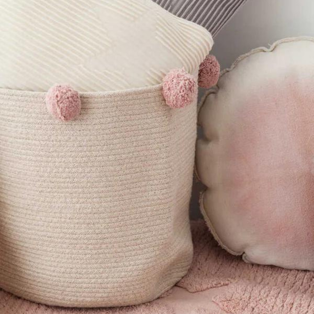 Washable Woven Cotton Natural Nude Storage Basket with Pink Pom Poms - Little Loves Baskets & Hampers - The Well Appointed House