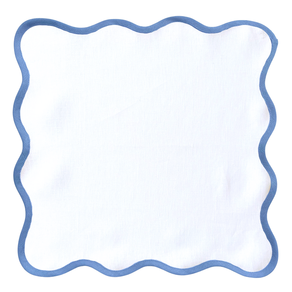 Scalloped Square Table Linen, Lily White with Cornflower Blue Trim - The Well Appointed House
