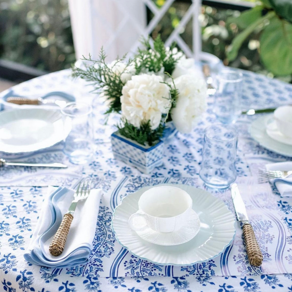 Scalloped Square Table Linen, Lily White with Cornflower Blue Trim - The Well Appointed House
