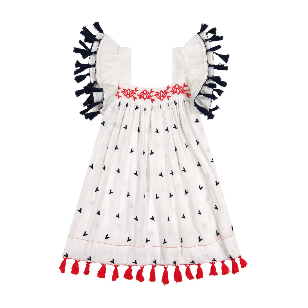 Serena Girl's Tassel Dress in White With Red and Navy Embroidery - The Well Appointed House