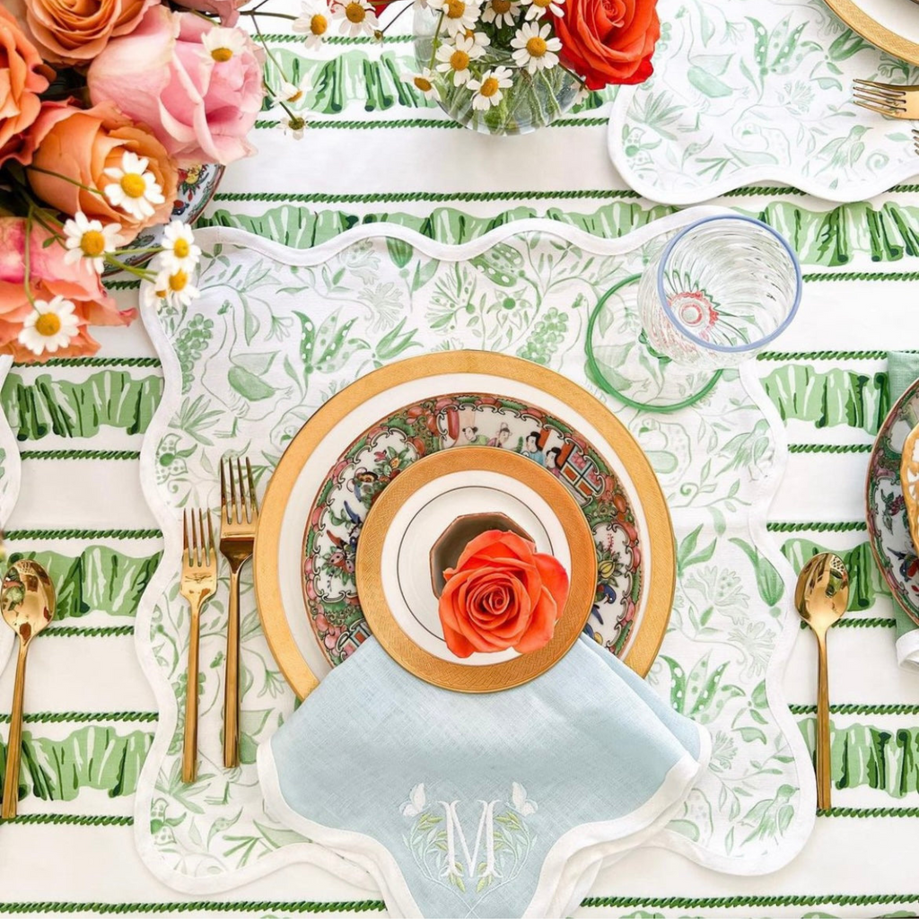 Square Scalloped Placemat, Birds of Paradise - Green - The Well Appointed House