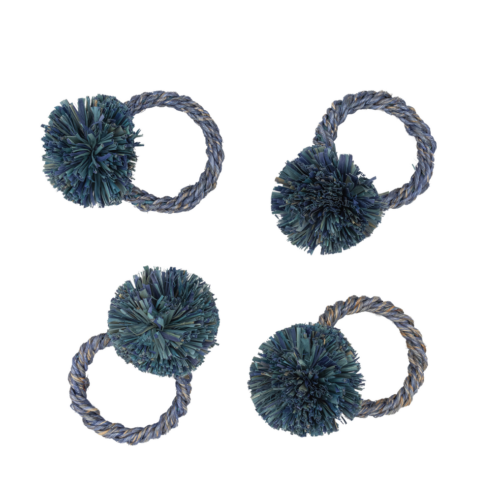 Straw Pompom Napkin Rings, Indigo, Set of Four - The Well Appointed House