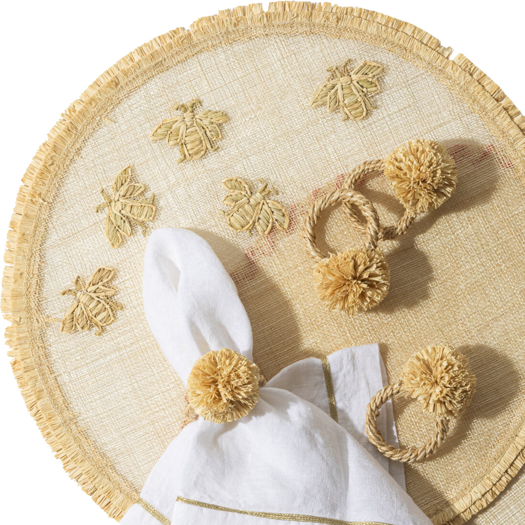Straw Pompom Napkin Rings, Natural, Set of Four - The Well Appointed House