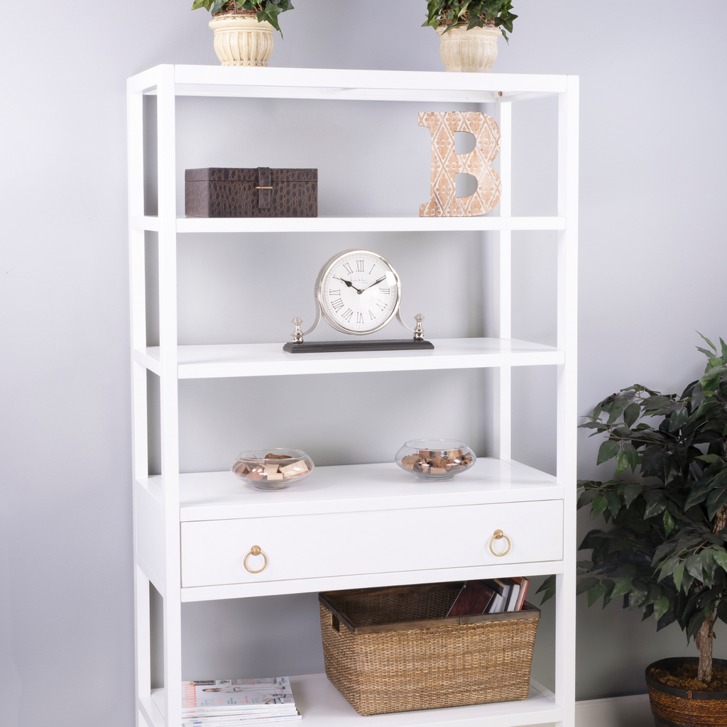 Tall White Bookcase With Gold Pulls - The Well Appointed House