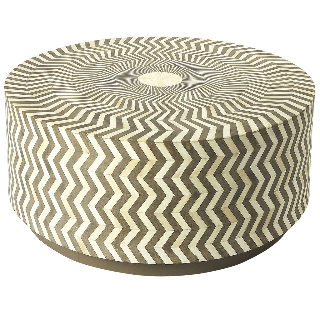 Taupe and White Bone Inlay Circular Coffee Table - The Well Appointed House