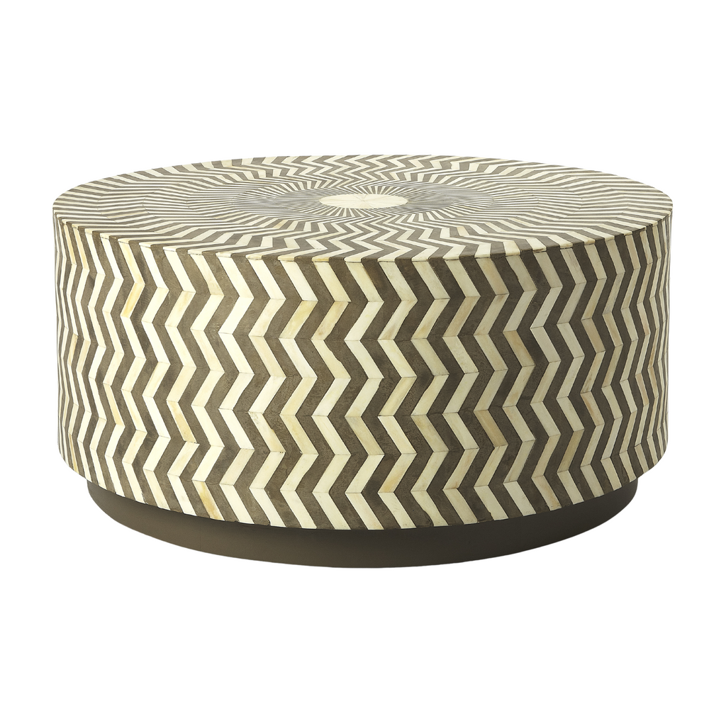 Taupe and White Bone Inlay Circular Coffee Table - The Well Appointed House