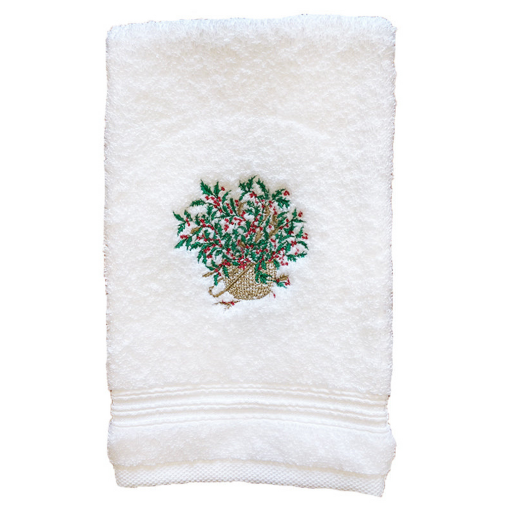 Terry Guest Towel With Embroidered Holly Basket - The Well Appointed House