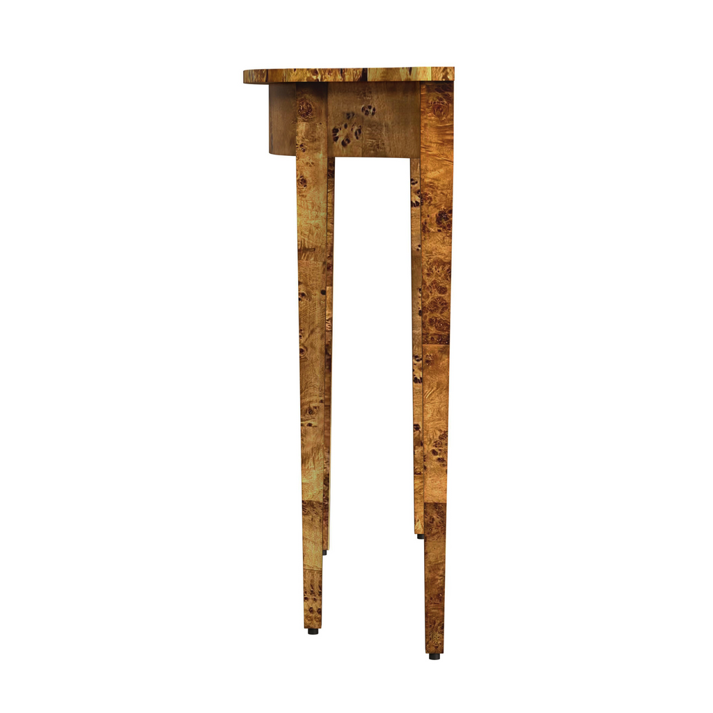 Traditional Burl Demilune Console Table in Medium Brown - The Well Appointed House