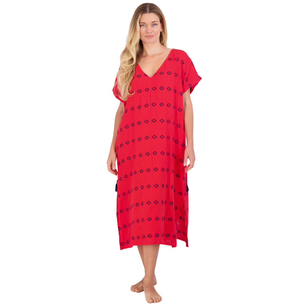 Capucine Women's Maxi Caftan Dress Red Embroidery - The Well Appointed House