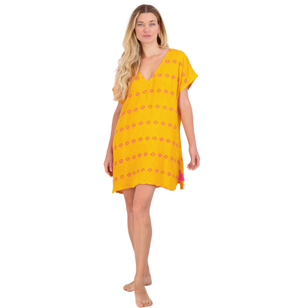Capucine Women's Mini Caftan Dress Marigold Embroidery - The Well Appointed House