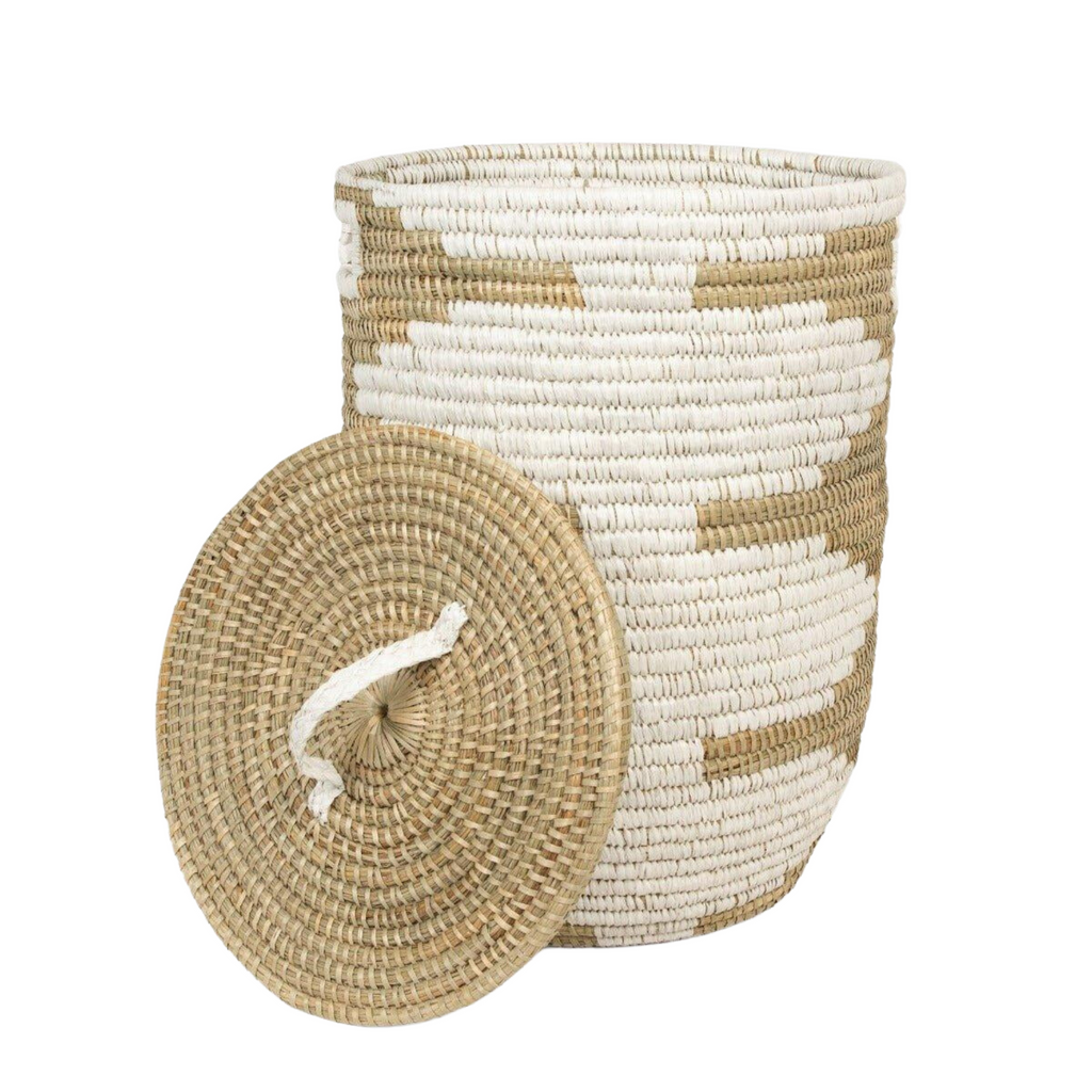 Jelsa Laundry Hamper in Natural Mendong and White Raffia with Lid - The Well Appointed House