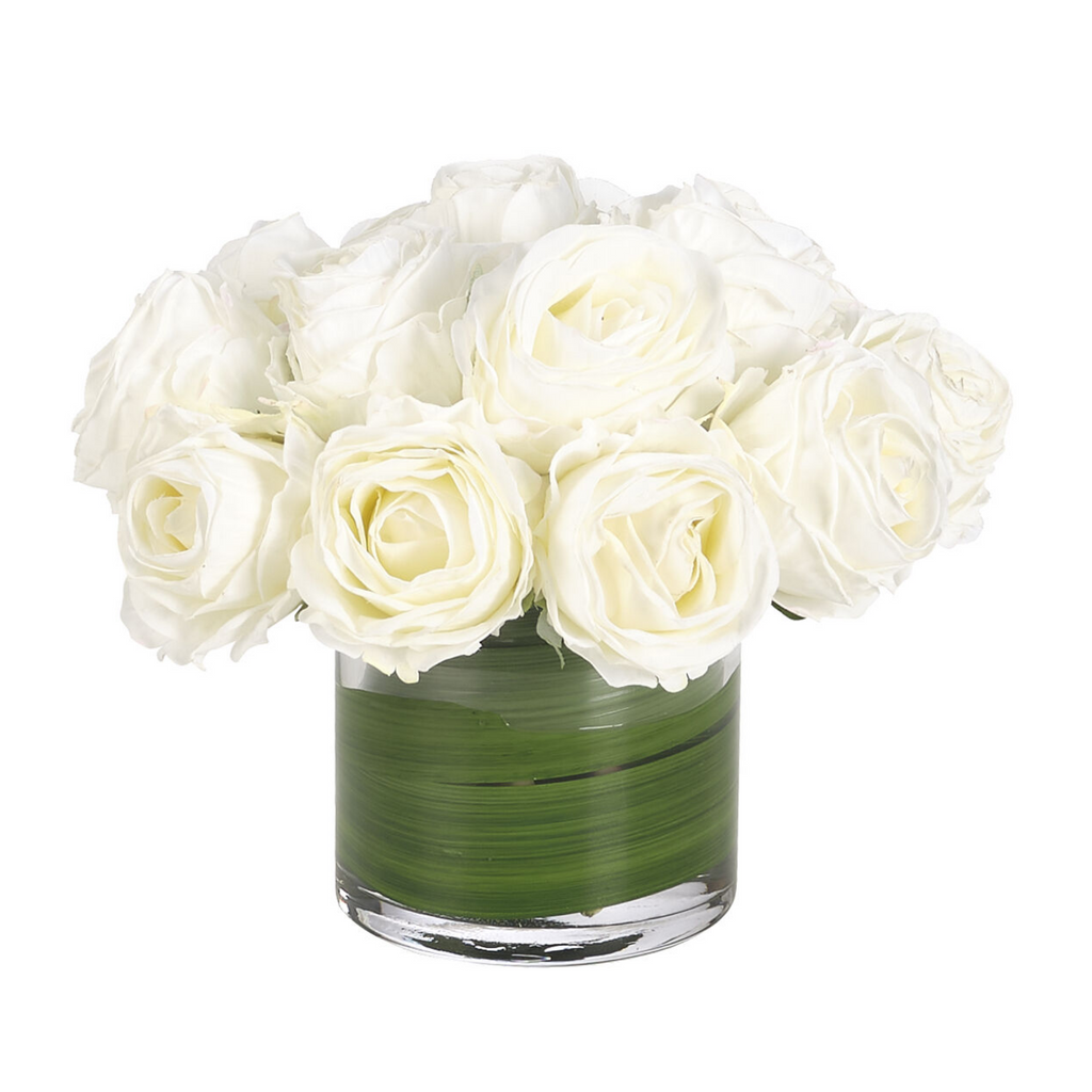 7" Faux White Rose Watergarden in Glass Cylinder - The Well Appointed House
