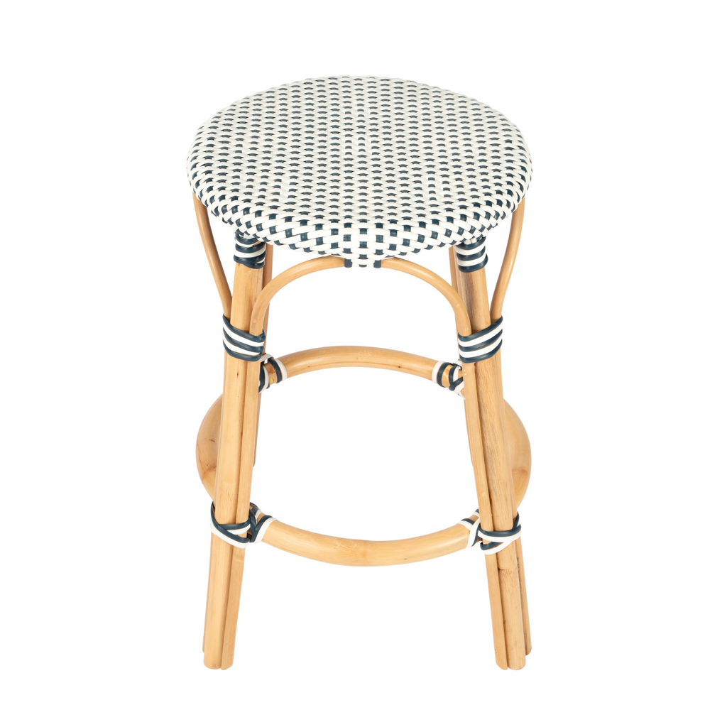 White and Navy Rattan Frame Counter Stool - The Well Appointed House