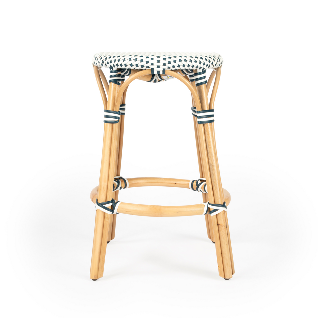 White and Navy Rattan Frame Counter Stool - The Well Appointed House