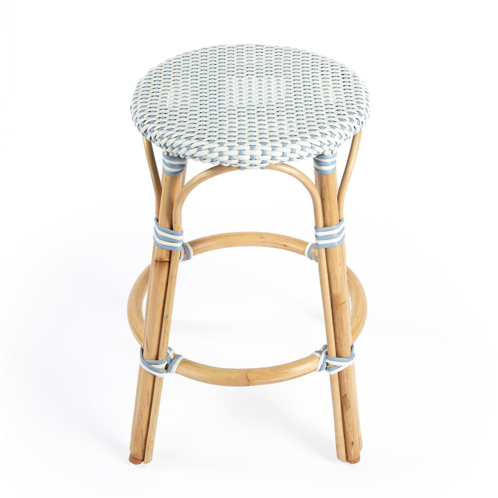 White and Sky Blue Rattan Frame Counter Stool - The Well Appointed House
