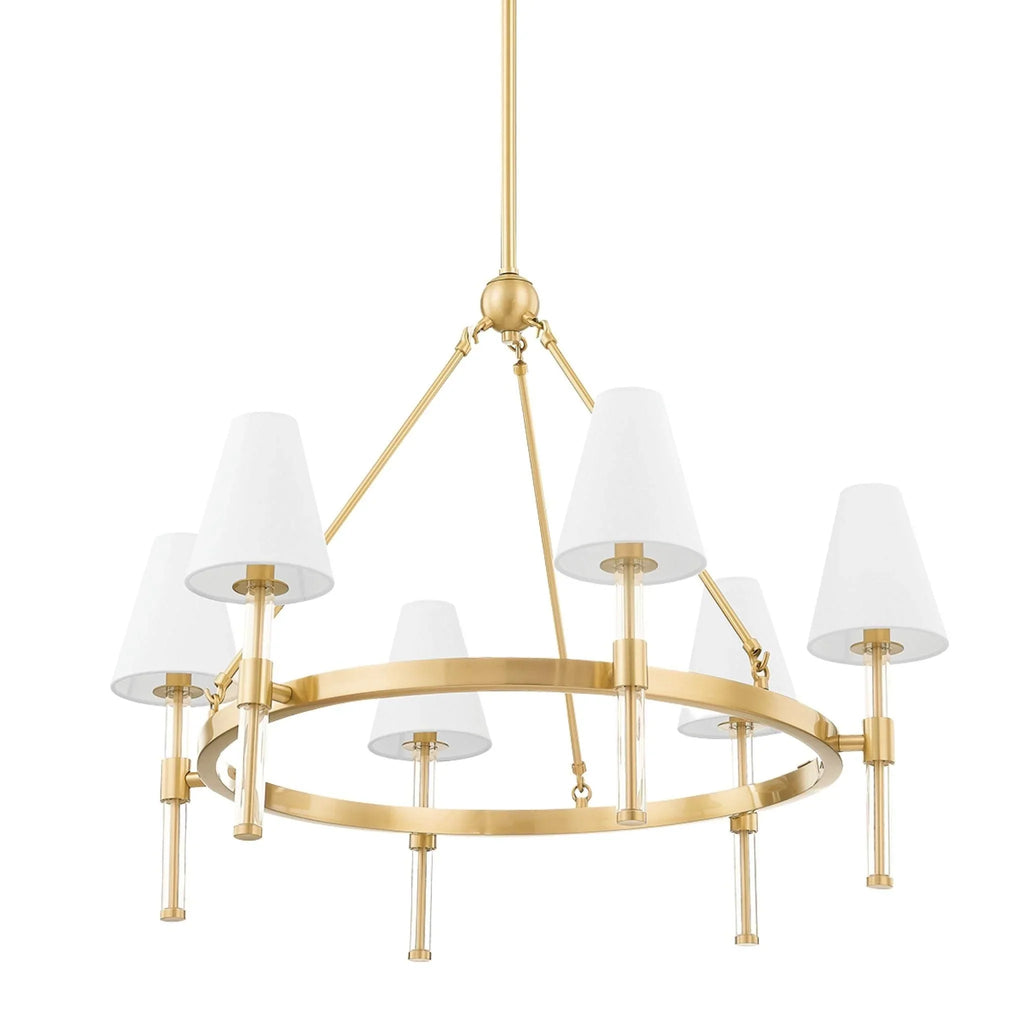 Aged Brass & Acrylic Janelle Chandelier With White Linen Shades - Chandeliers & Pendants - The Well Appointed House