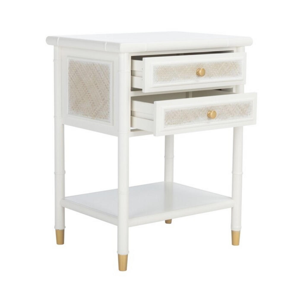 Glossy White Two Drawer Chinoiserie Style Side Table