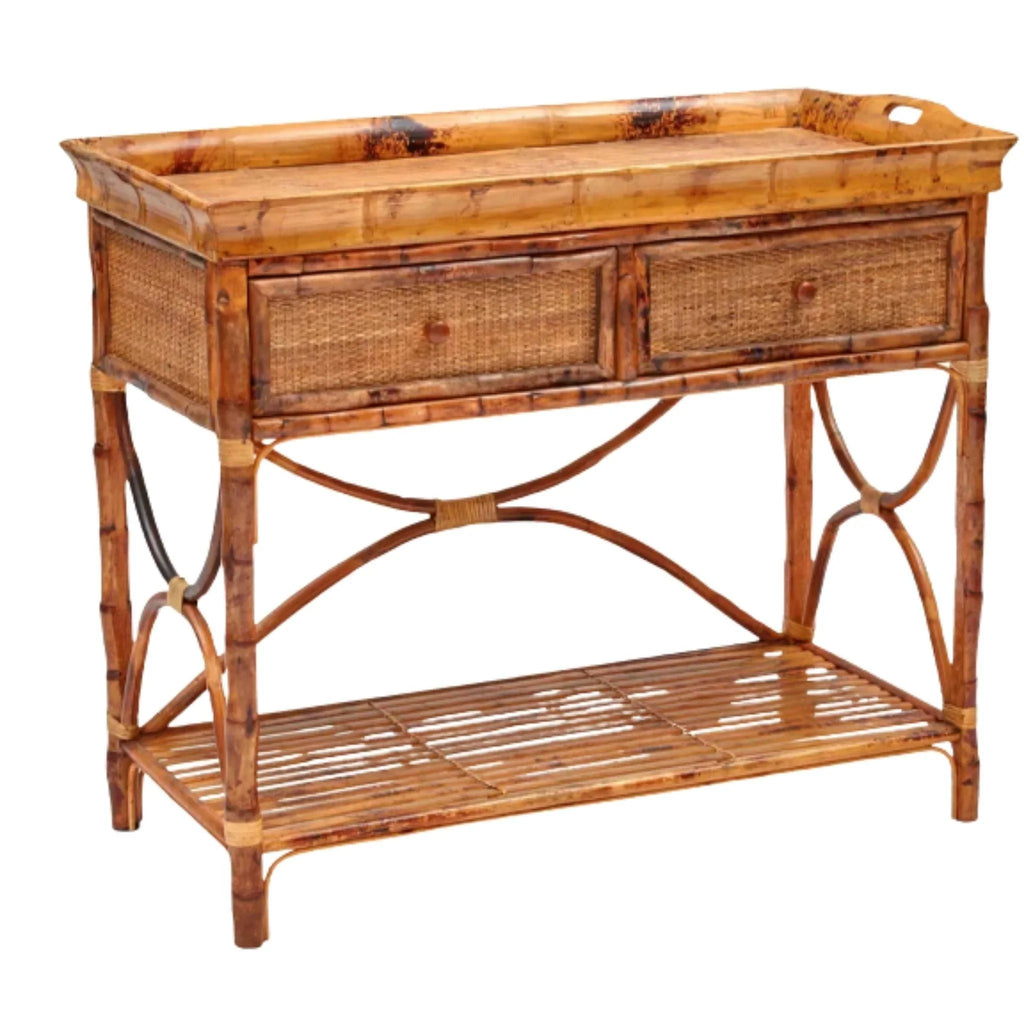Antique Tortoise Woven Front Two Drawer English Serving Console Table - Consoles - The Well Appointed House