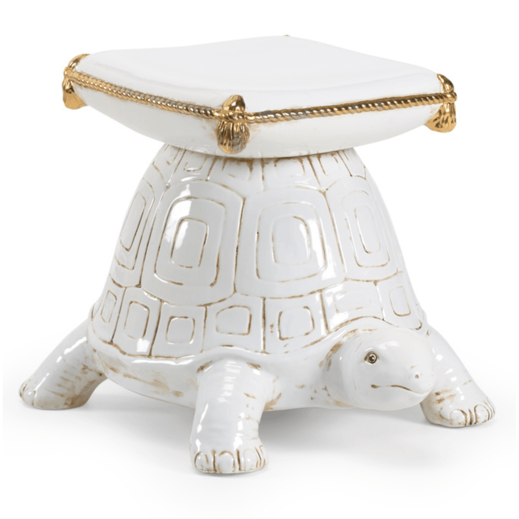 Antique White Glazed Ceramic Turtle Garden Seat With Gold Details - Garden Stools & Benches - The Well Appointed House