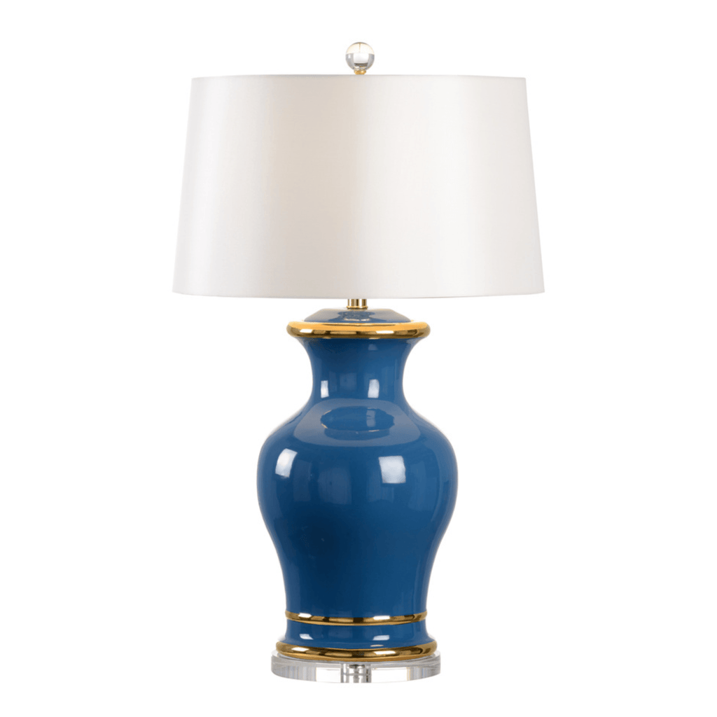 Audrey Table Lamp in Blue with Gold Detailing and Off White Silk Shade - Table Lamps - The Well Appointed House