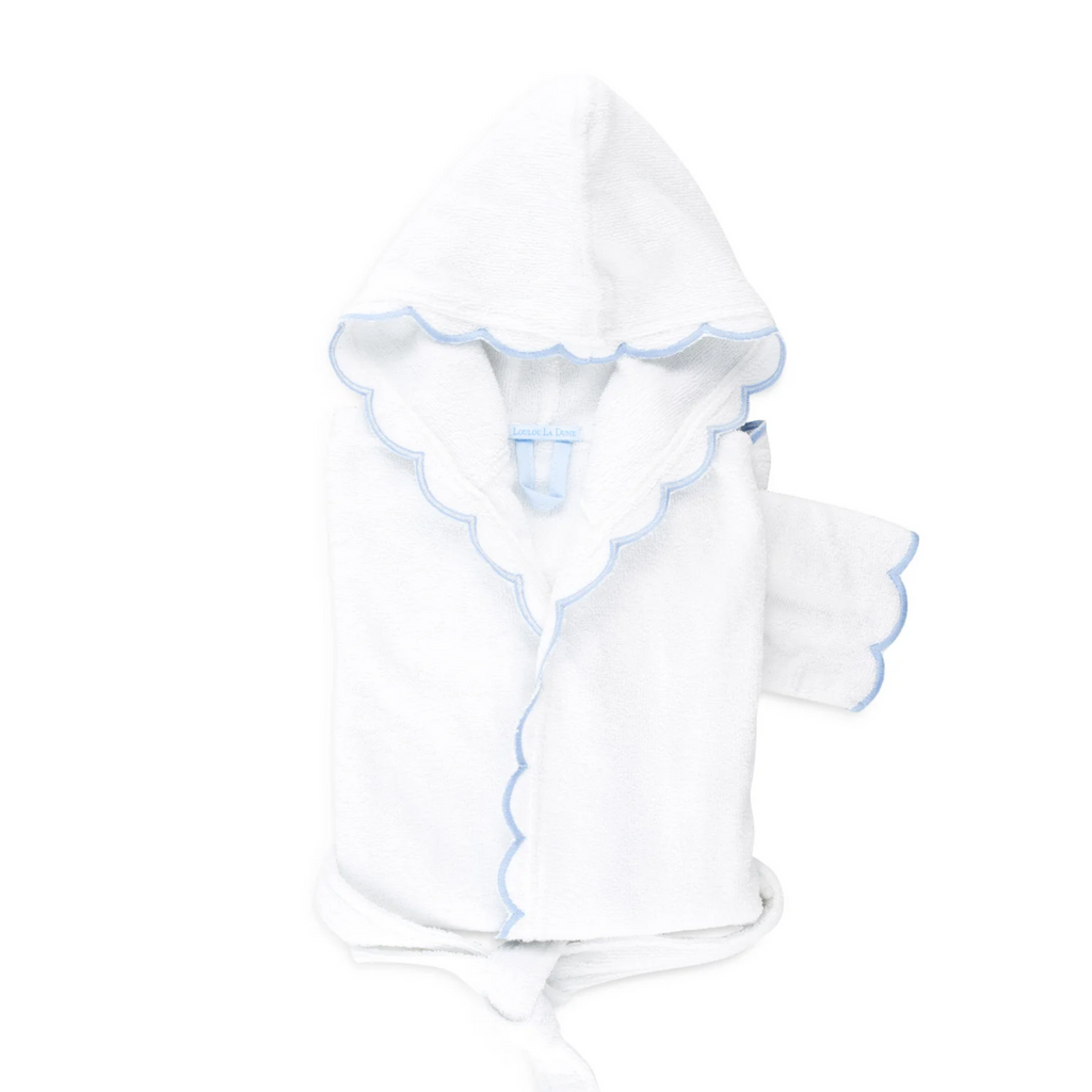 Baby Bathrobe With Scalloped Edges and Light Blue Trim - The Well Appointed House