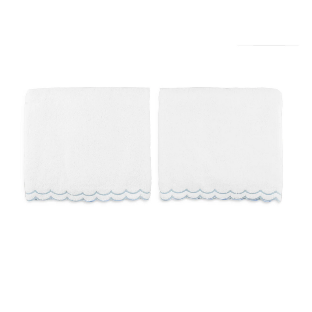 White Scalloped Edge Cotton Bath Sheet With Light Blue Trim - The Well Appointed House