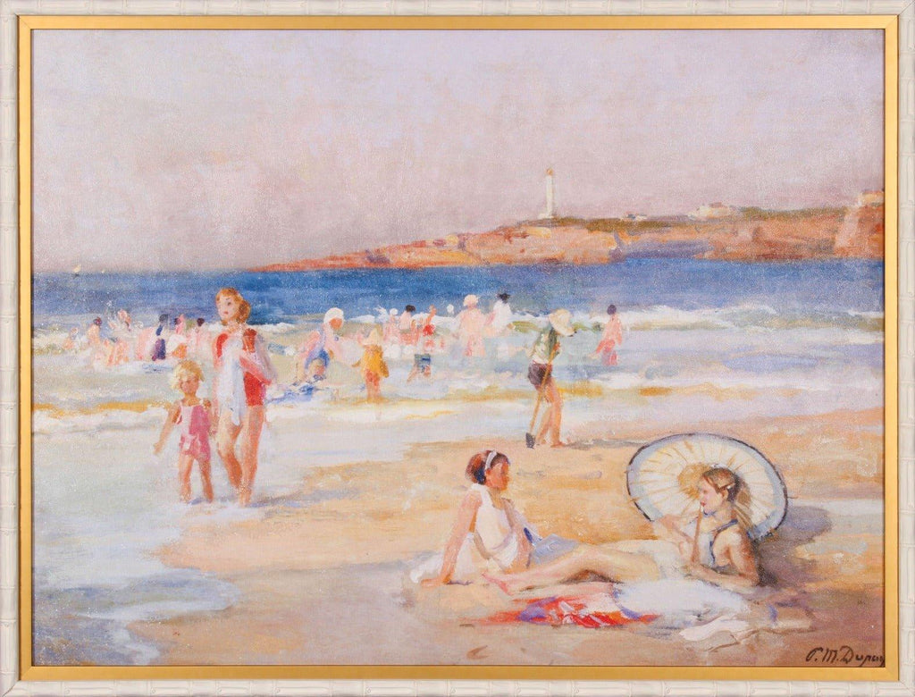 Beach at Biarritz With Lighthouse and Sunbathers Wall Art in Double White & Gold Frame - Paintings - The Well Appointed House