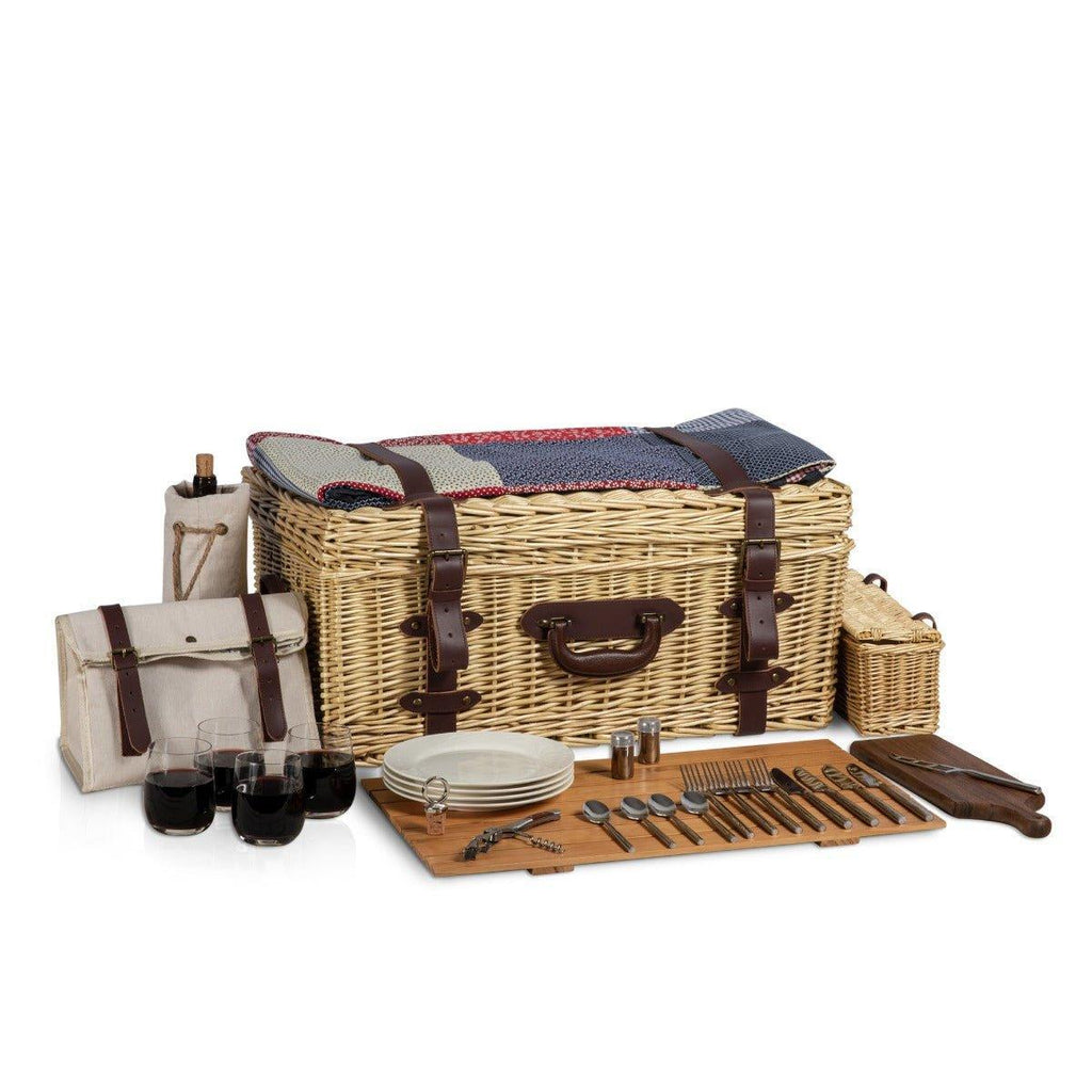 Beige & White Gingham Lined Wicker Picnic Basket for 4 - Picnic Baskets & Accessories - The Well Appointed House