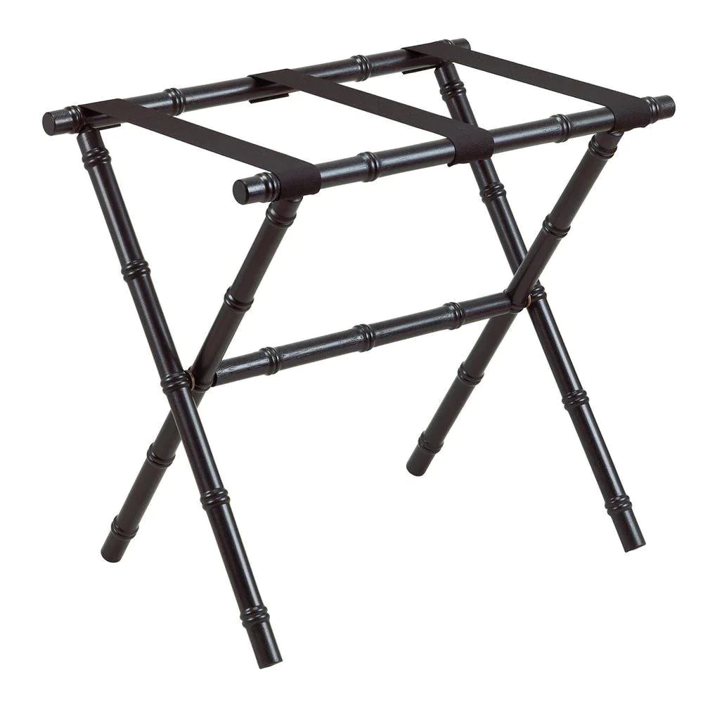Black Bamboo Inspired Wood Luggage Rack With 3 Fine Black Nylon Straps - End of Bed - The Well Appointed House
