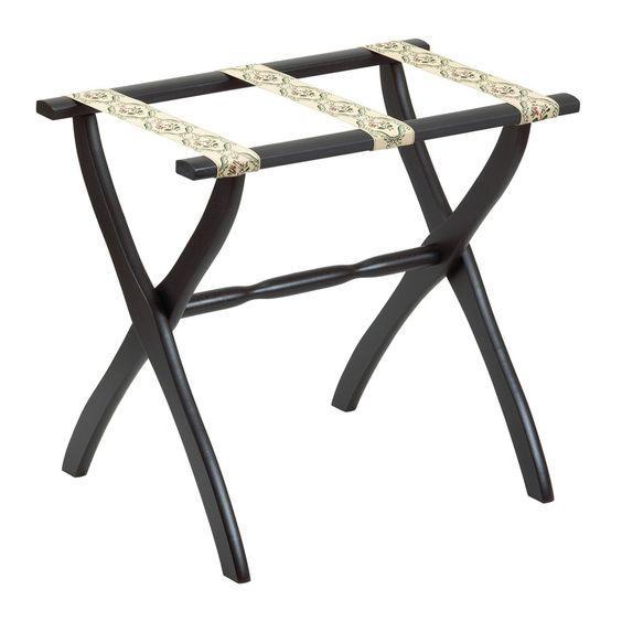 Black Contour Leg Wood Luggage Rack with 3 Petit Point Straps - End of Bed - The Well Appointed House