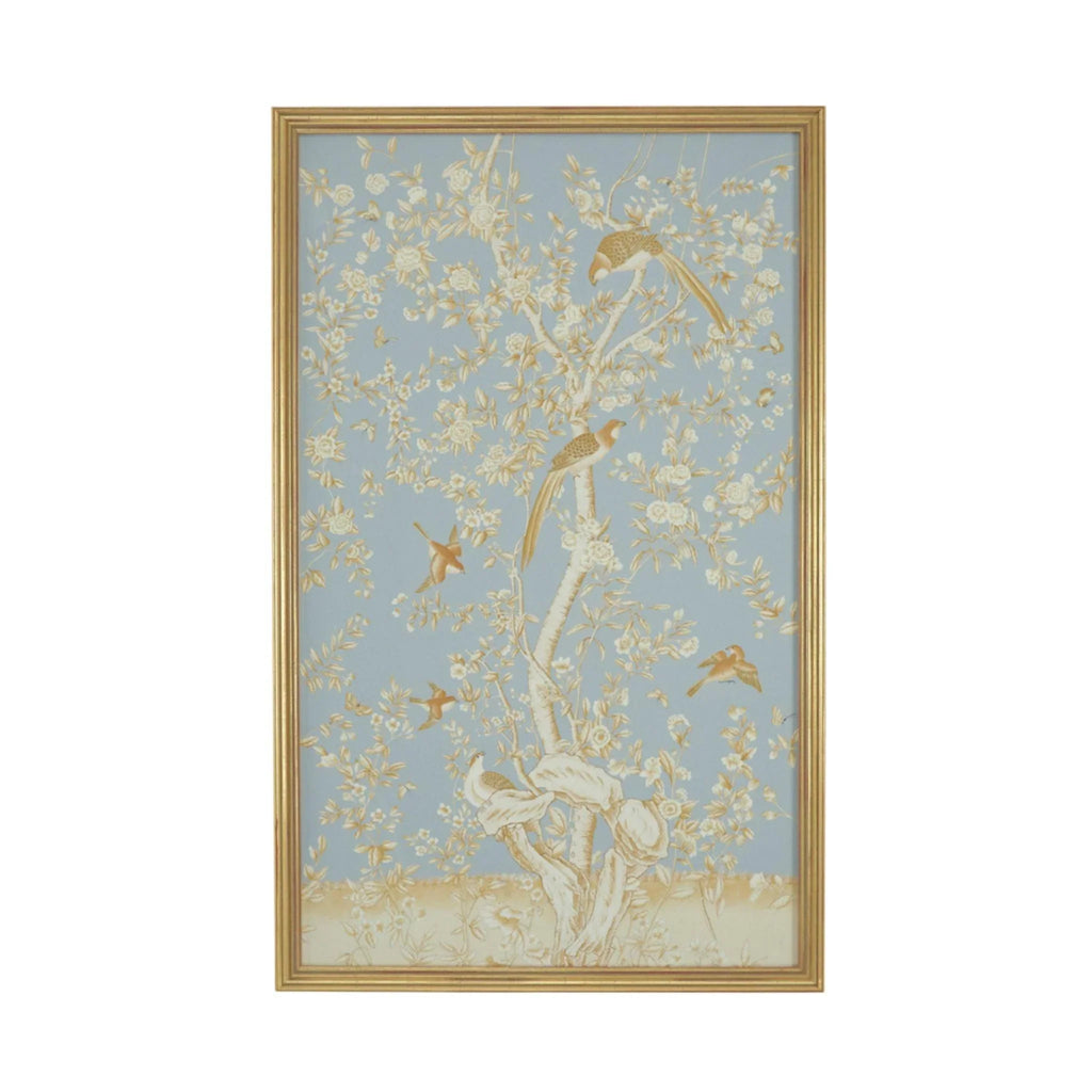 Blue and Gold Watercolor on Silk Chinoiserie Birds Wall Art 2 With Antique Gold Frame - Paintings - The Well Appointed House