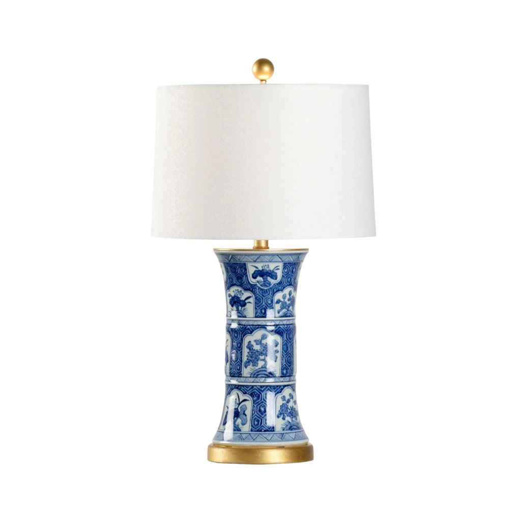 Blue and White Ceramic Floral Table Lamp With Antique Gold Leaf Accents - Table Lamps - The Well Appointed House