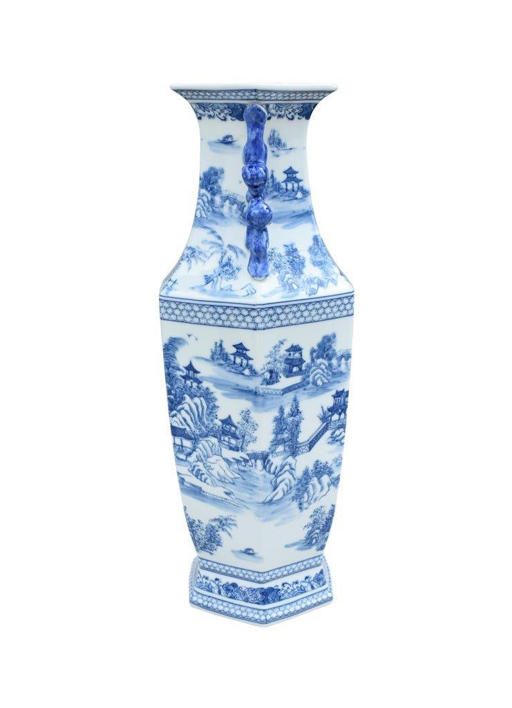 Blue and White Chinoiserie Hexagonal Porcelain Vase - Vases & Jars - The Well Appointed House
