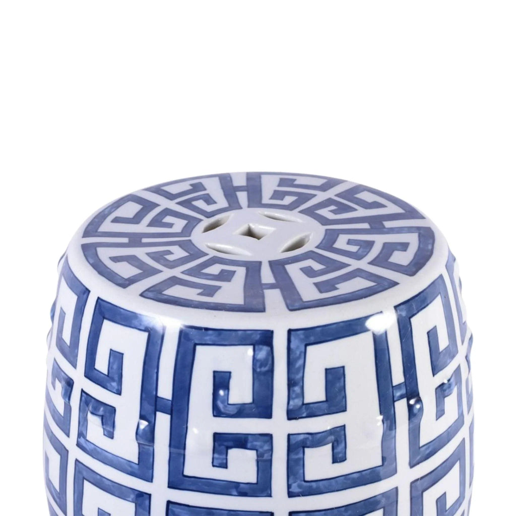 Blue and White Greek Key Porcelain Garden Stool - Garden Stools & Benches - The Well Appointed House