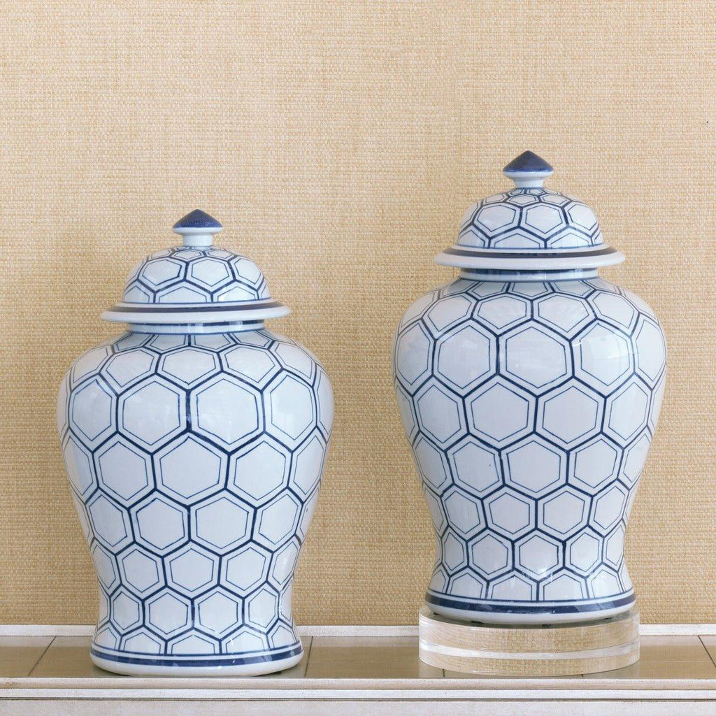 Blue and White Honeycomb Porcelain Temple Jar in with Lid - Vases & Jars - The Well Appointed House