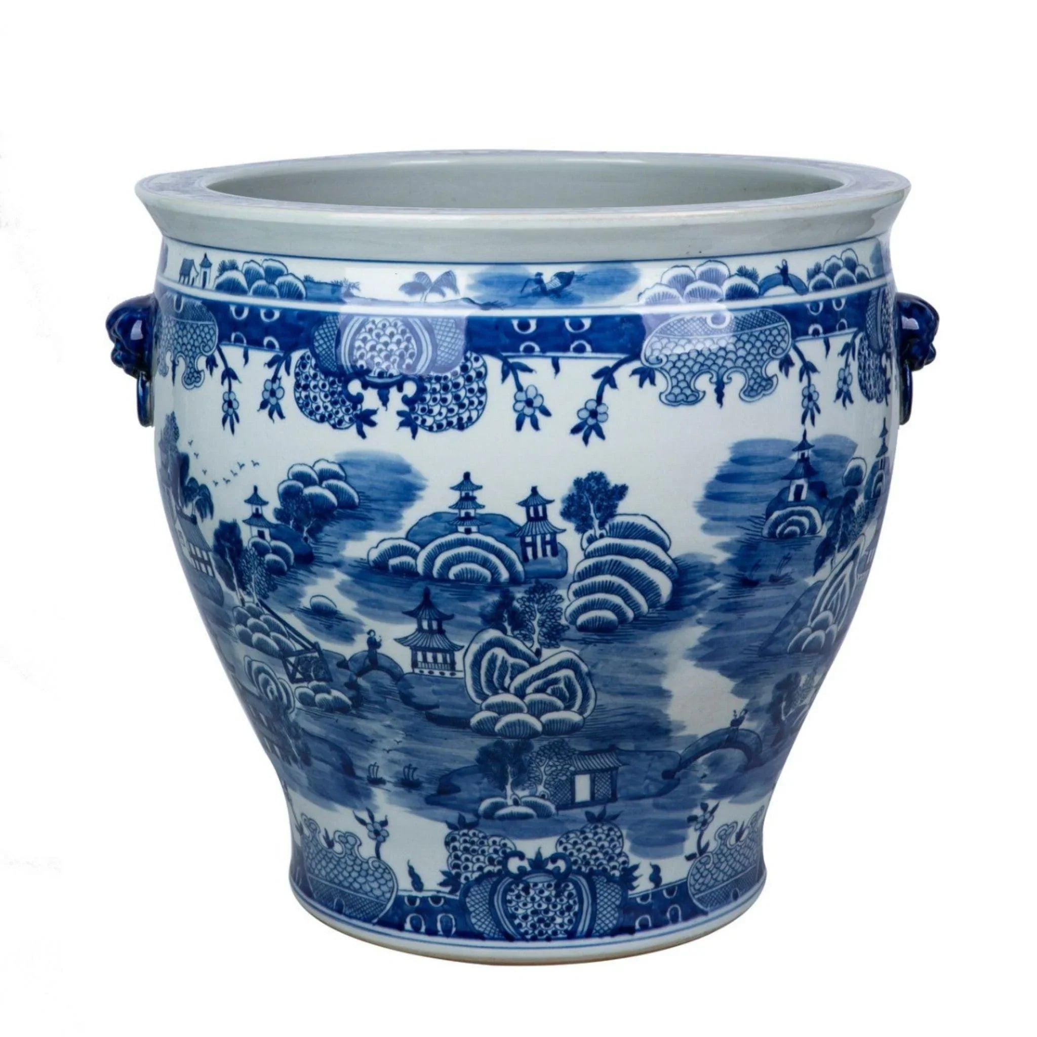 large blue and white planter pots Blue and White Mountain Pagoda Porcelain Planter with Lion Handle – The Well Appointed House
