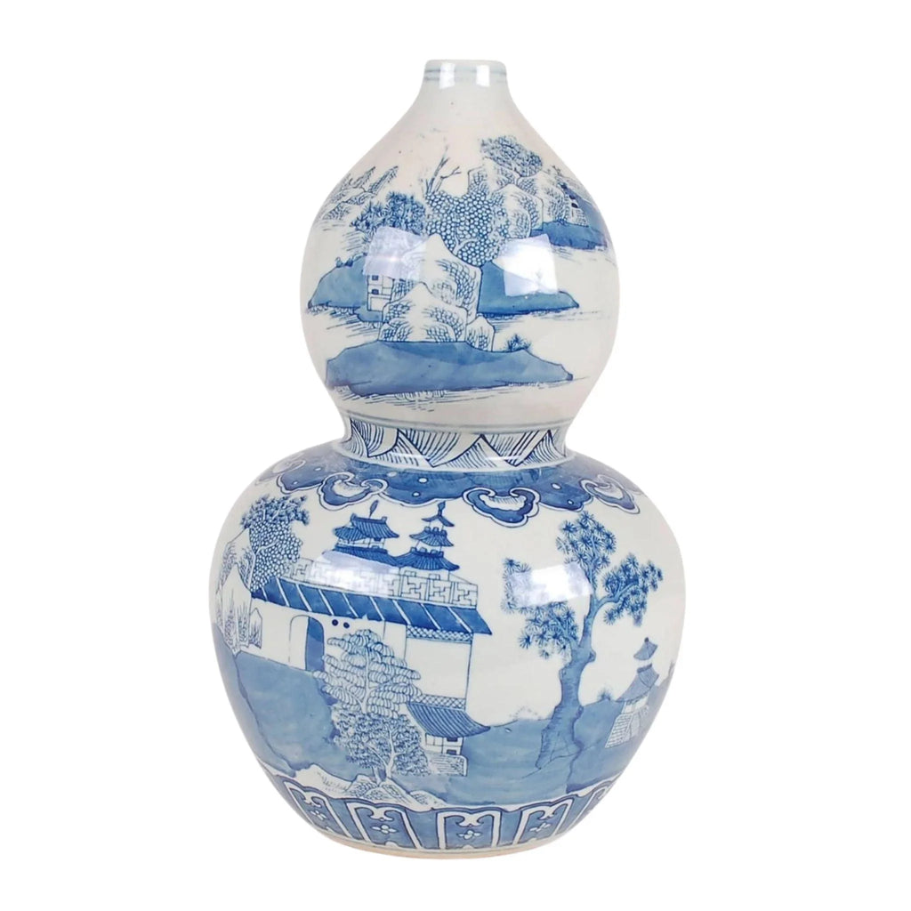 Blue and White Porcelain Canton Chinoiserie Double Gourd Vase - Vases & Jars - The Well Appointed House