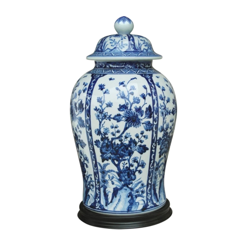 Blue and White Porcelain Chinoiserie Botanical Temple Jar with Black Base - Vases & Jars - The Well Appointed House